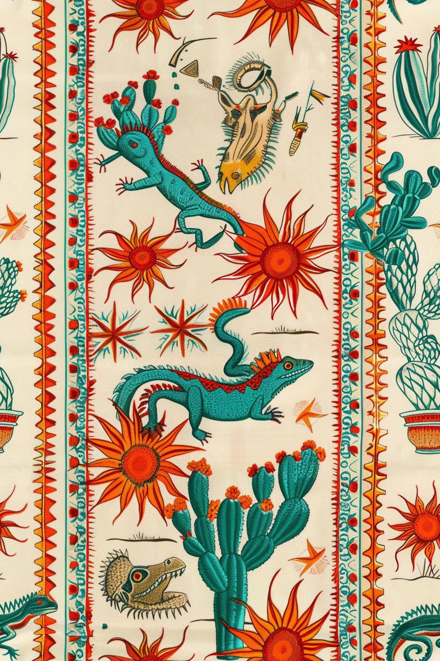 mexico pattern. Southwestern Fabric – Vibrant Desert Print for Home Decor, Reptile Sun Pattern by the Yard