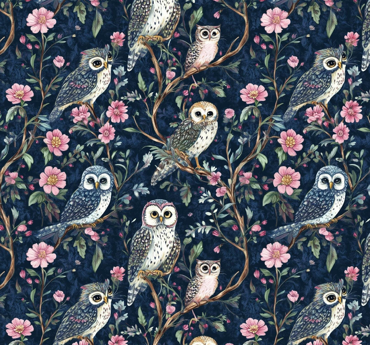 Moon garden. Night owl. Whimsical Owl Floral Fabric – satin by the Yard, Navy Woodland Print for fashion, Crafts & Cozy Home Decor