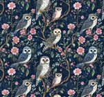 Moon garden. Night owl. Whimsical Owl Floral Fabric – satin by the Yard, Navy Woodland Print for fashion, Crafts & Cozy Home Decor