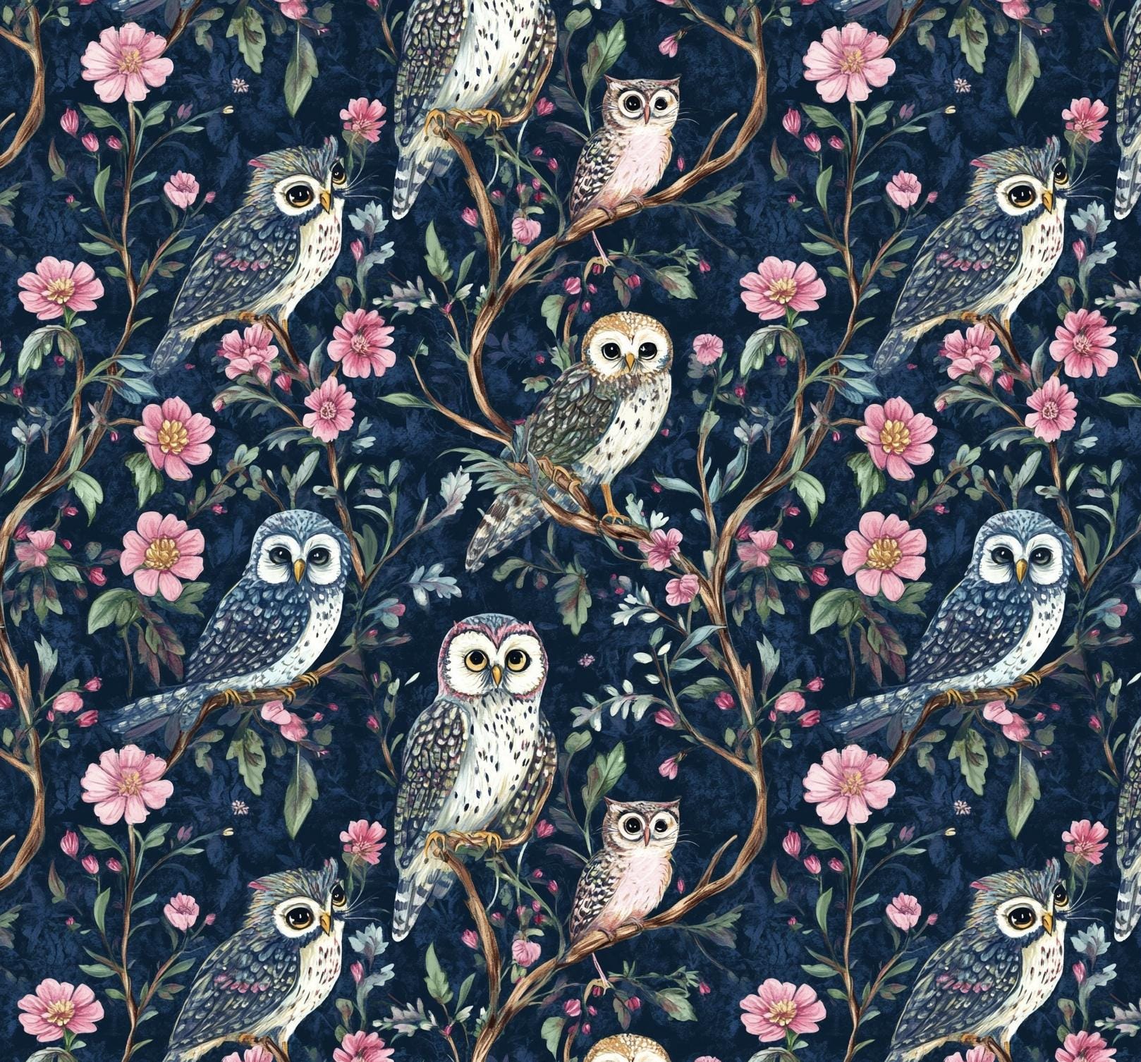 Moon garden. Night owl. Whimsical Owl Floral Fabric – satin by the Yard, Navy Woodland Print for fashion, Crafts & Cozy Home Decor