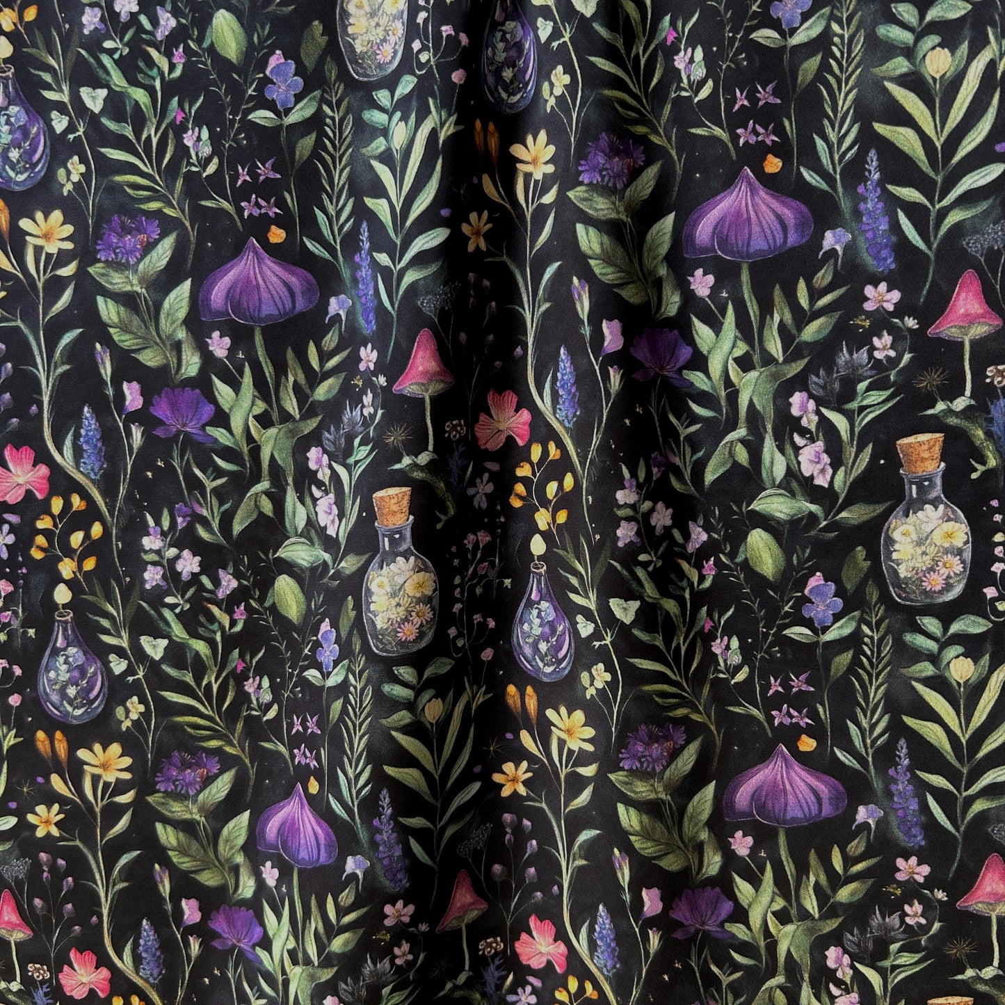 magical herbs Fabric. watercolor Botanical Herb, Wildflower Fabric – Colorful Floral fabric by the Yard. Vintage garden for fashion, deco