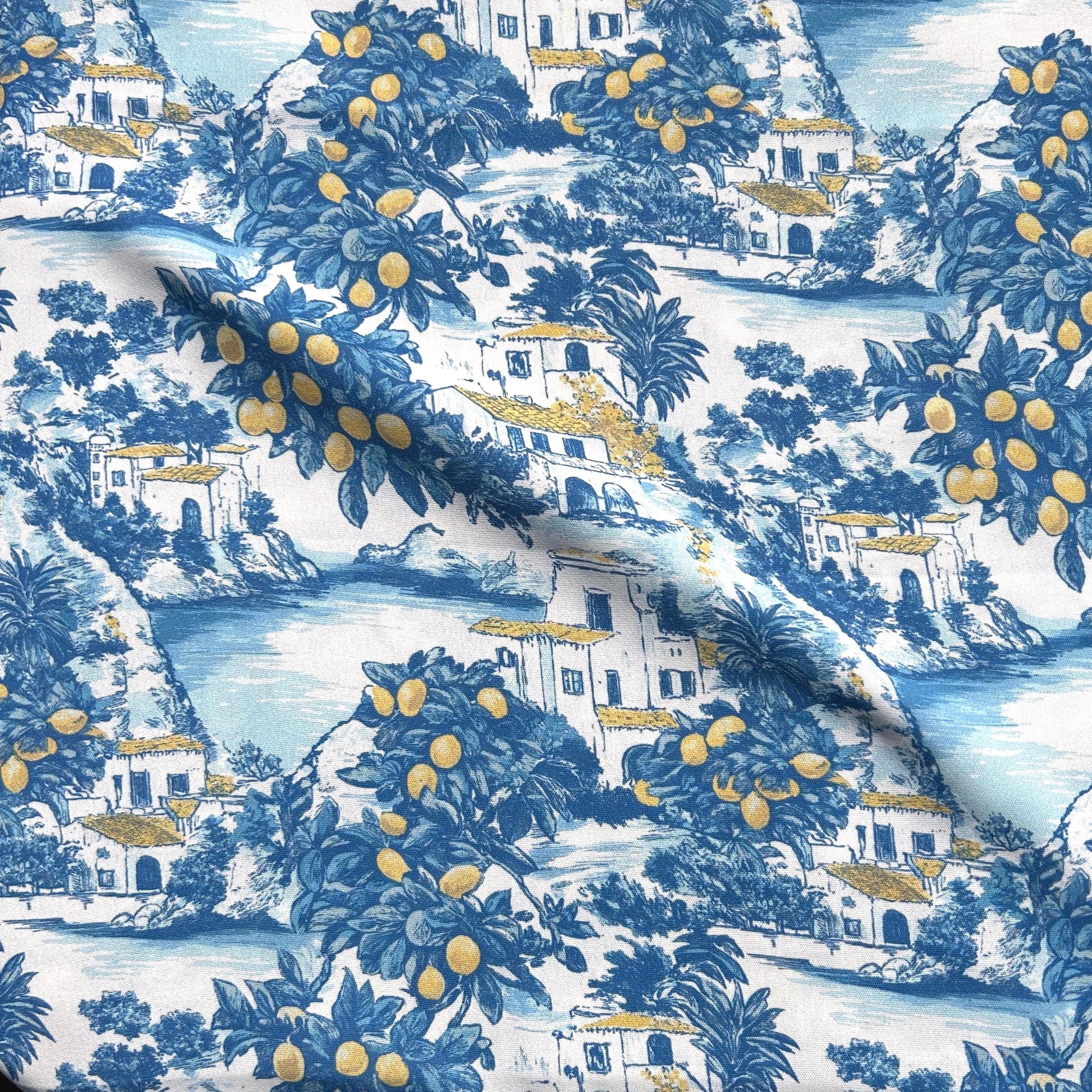 Mediterranean Lemon Grove Fabric – Scenic Coastal Village Pattern with White Houses & Palm Trees | Summer Landscape Textile for Home Decor