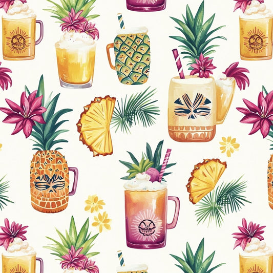 hawaiian tiki cup fabric. illustration, repeating pattern fabric by yard