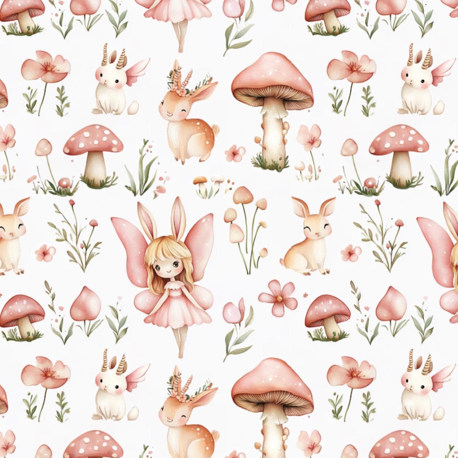 cute watercolor illustrations of whimsical animals in fairy tale fabric. wonderland. Fabric By the  yard