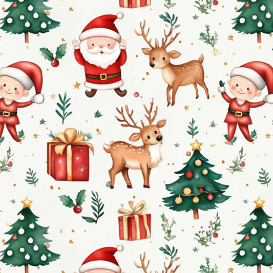 Santa fabric. deer tree gift Fabric Santa Claus Winter Christmas reindeer Fabric by the Yard