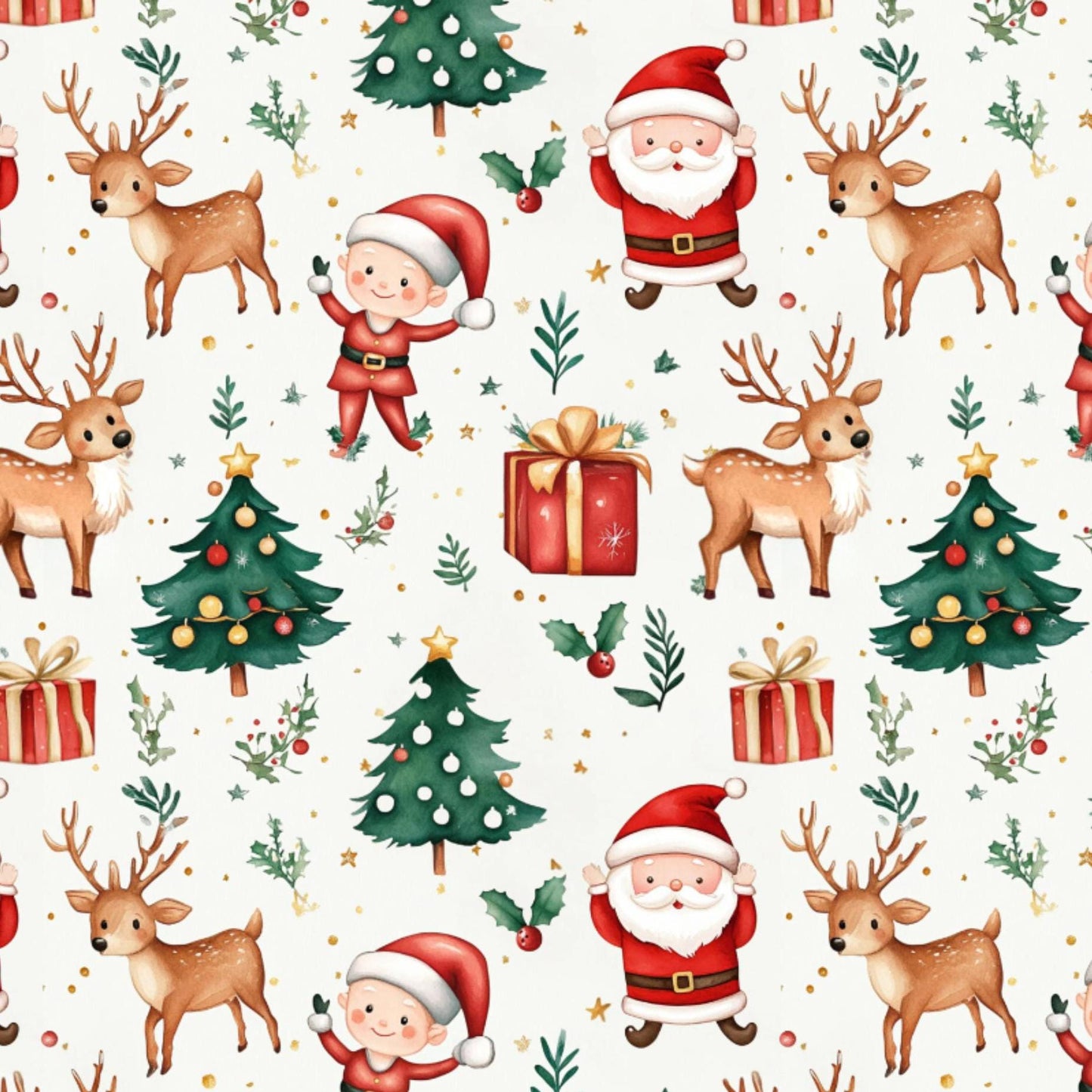 Santa fabric. deer tree gift Fabric Santa Claus Winter Christmas reindeer Fabric by the Yard
