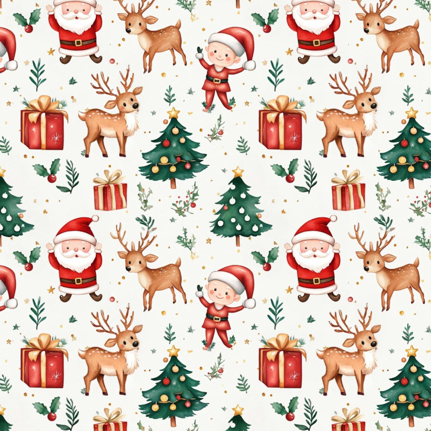 Santa fabric. deer tree gift Fabric Santa Claus Winter Christmas reindeer Fabric by the Yard