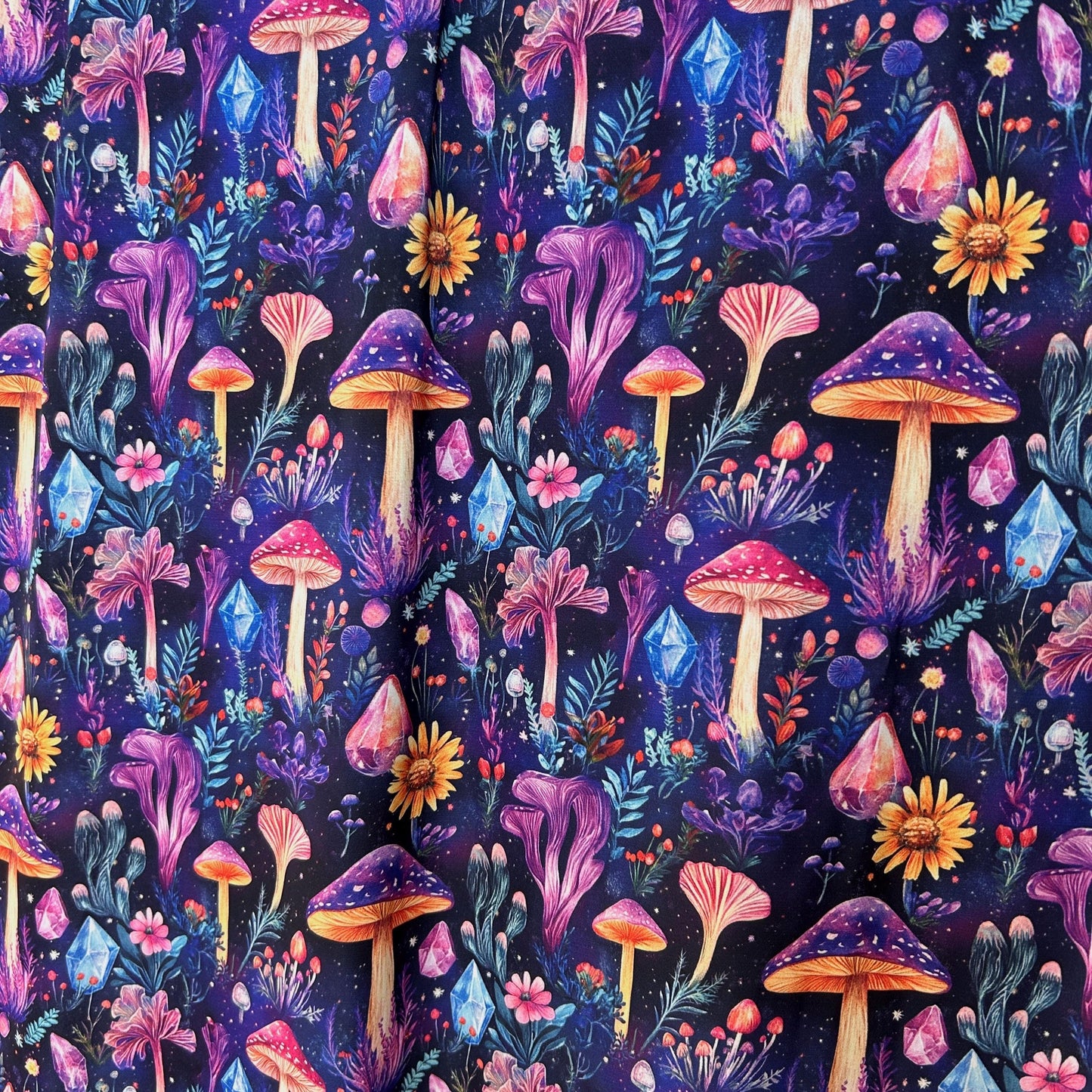 Whimsical Mushroom Crystal Fabric – Fantasy Botanical Print for deco and Crafts, clothing
