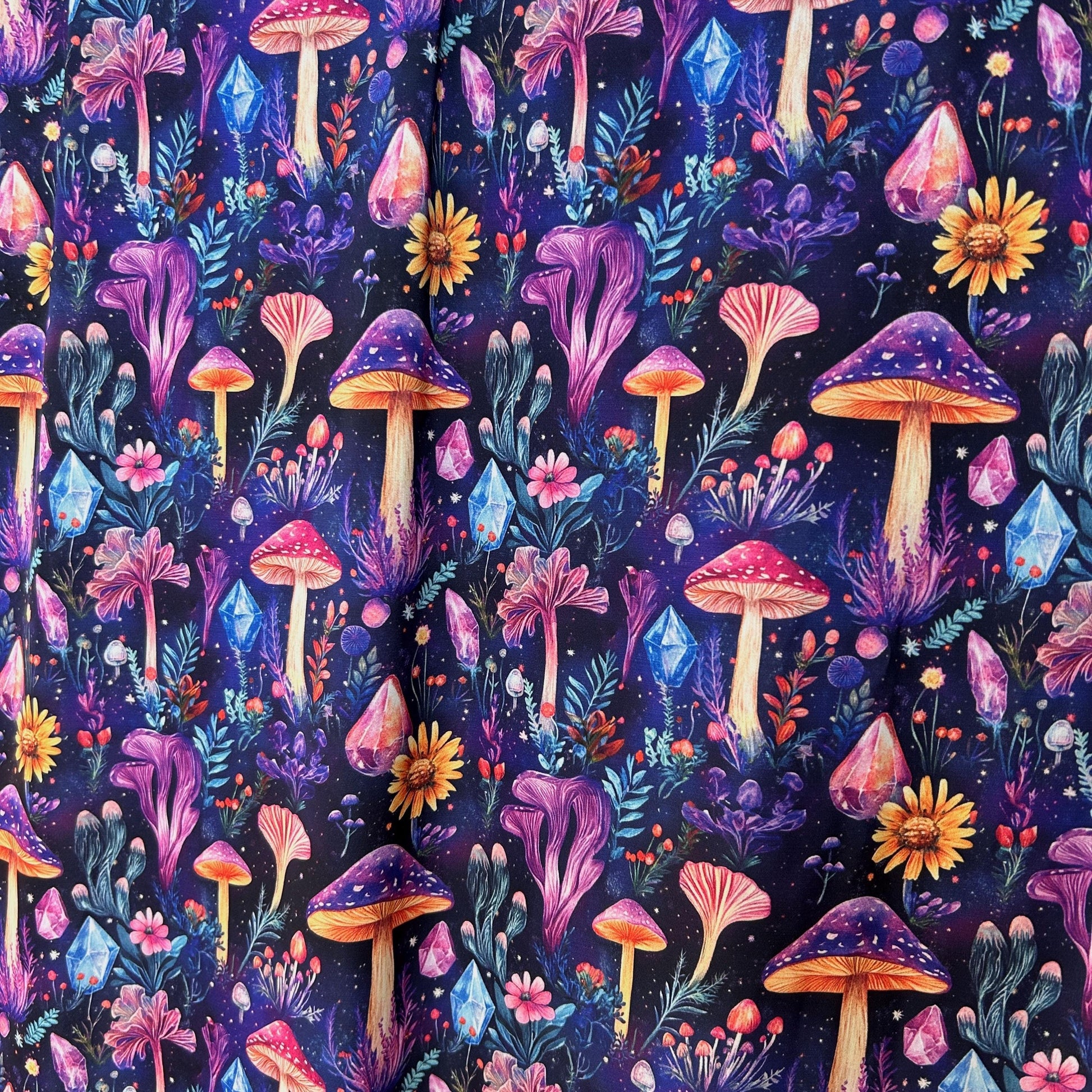 Whimsical Mushroom Crystal Fabric – Fantasy Botanical Print for deco and Crafts, clothing