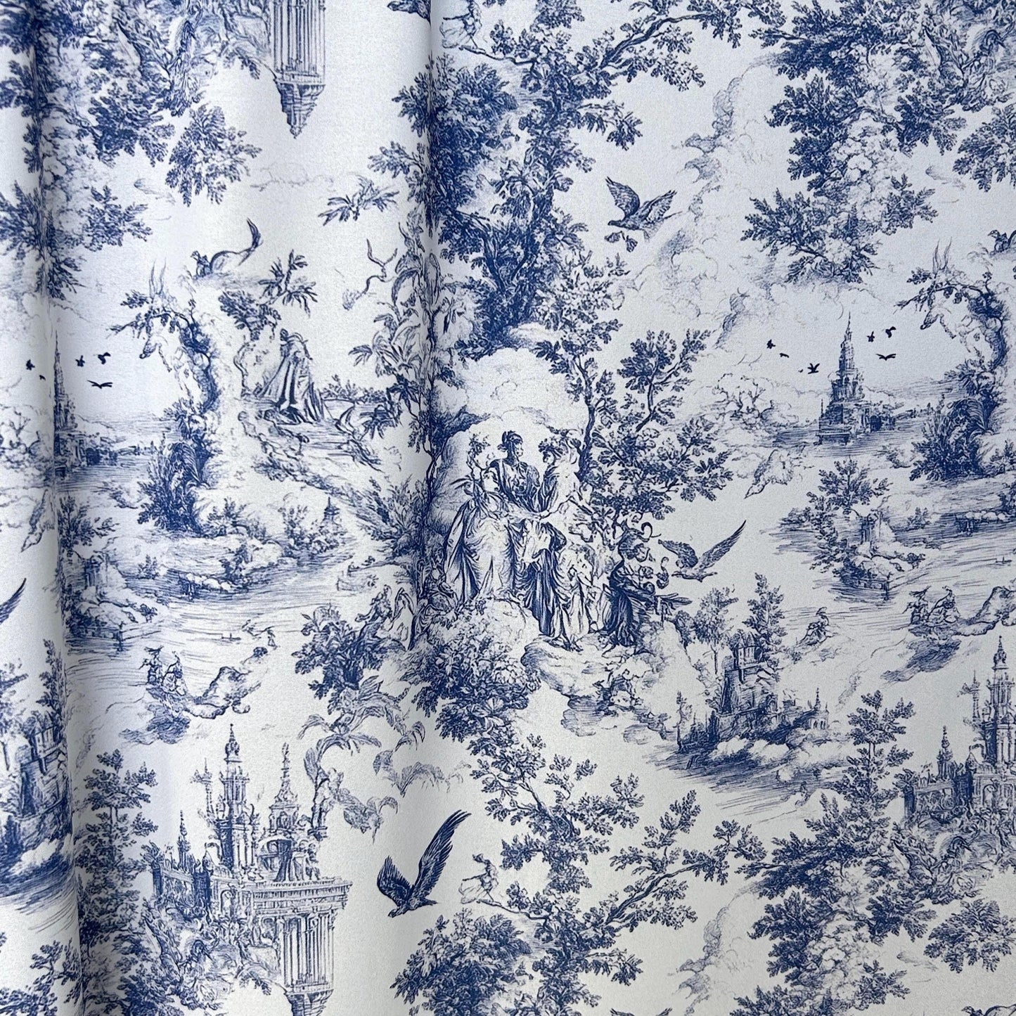 French blue toile fabric of an English country garden in blue line on a white background. for toile Curtain, Napkin. Vintage Classic