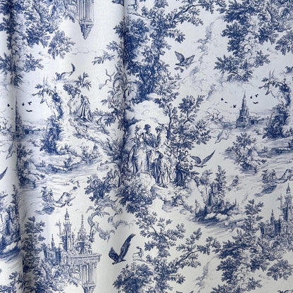French blue toile fabric of an English country garden in blue line on a white background. for toile Curtain, Napkin. Vintage Classic