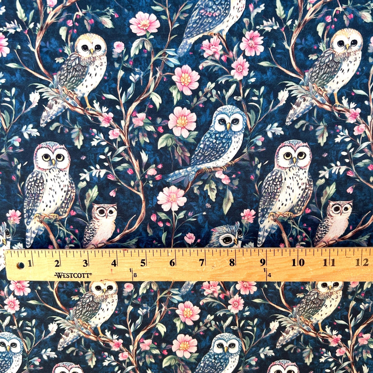 Moon garden. Night owl. Whimsical Owl Floral Fabric – satin by the Yard, Navy Woodland Print for fashion, Crafts & Cozy Home Decor