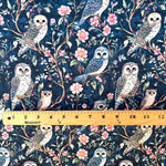 Moon garden. Night owl. Whimsical Owl Floral Fabric – satin by the Yard, Navy Woodland Print for fashion, Crafts & Cozy Home Decor