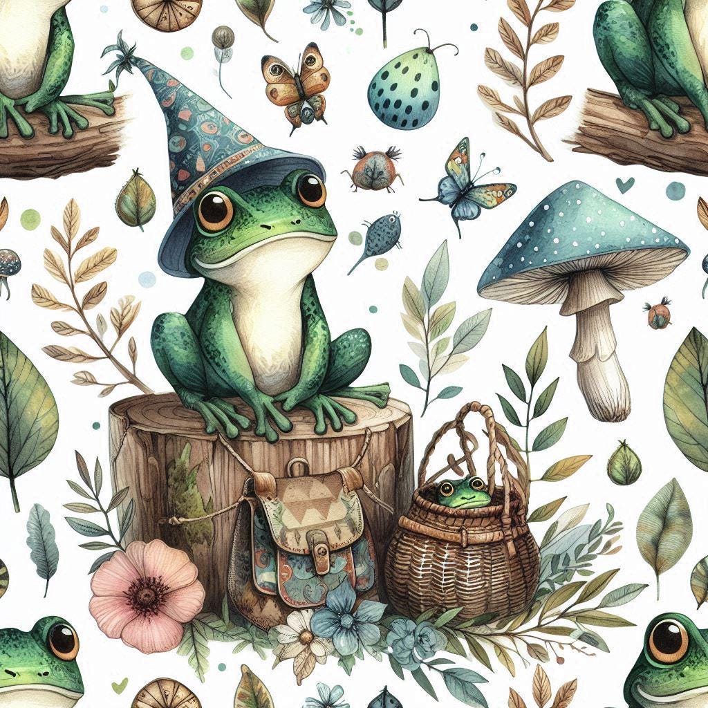 Whimsical Frog Woodland Fabric – Cute Forest Creatures fabric by the Yard, Mushroom & Nature Print for kid’s clothes, home deco