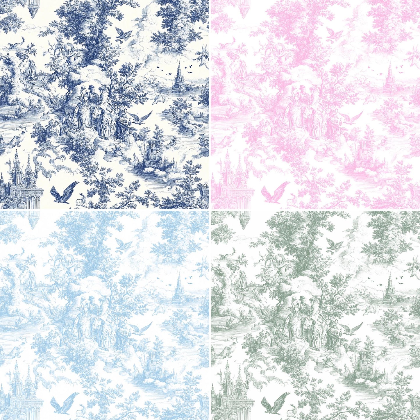 French blue toile fabric of an English country garden in blue line on a white background. for toile Curtain, Napkin. Vintage Classic