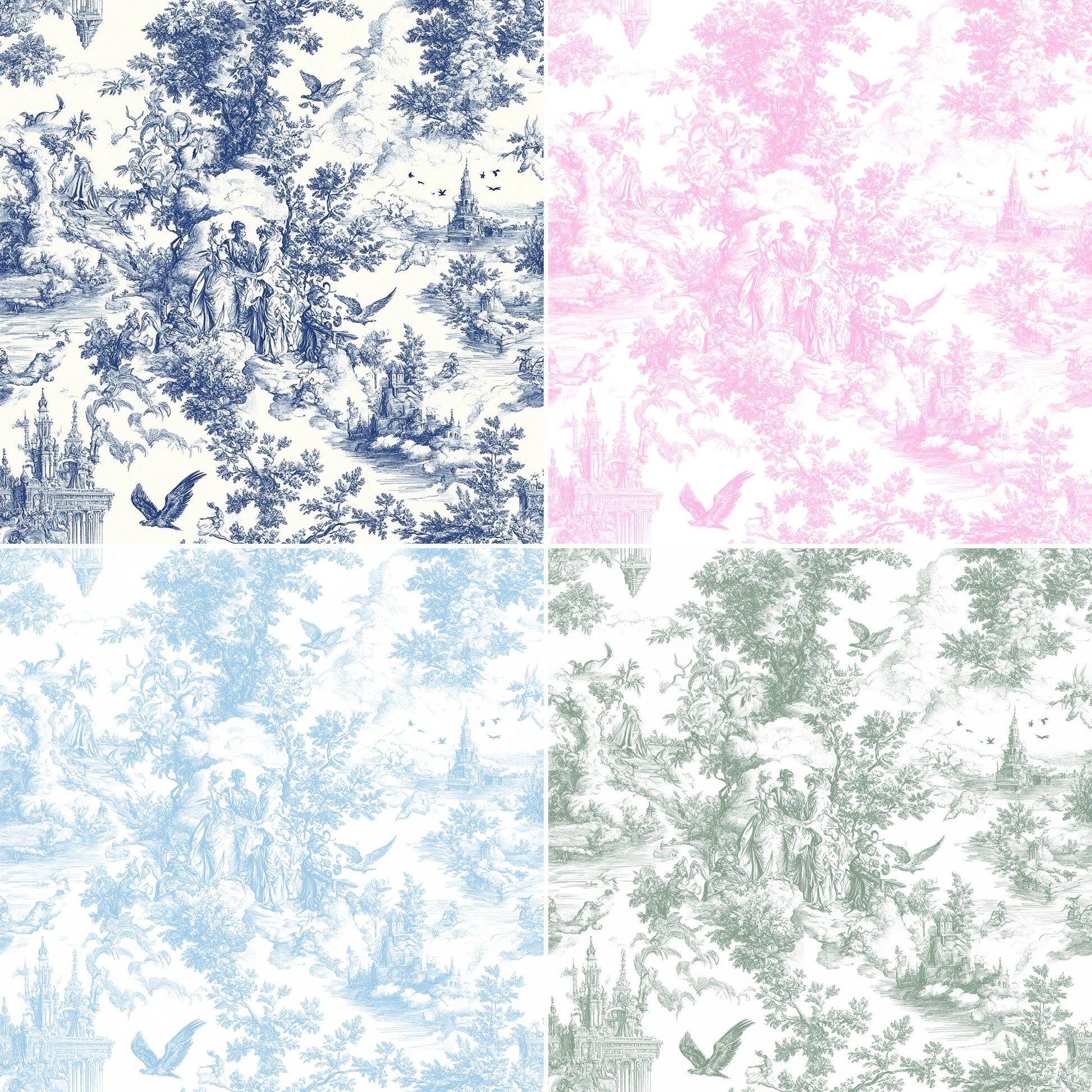 pink toile fabric. Vintage Classic fabric of an English country garden on a white background.