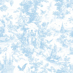 French blue toile fabric of an English country garden in blue line on a white background. for toile Curtain, Napkin. Vintage Classic