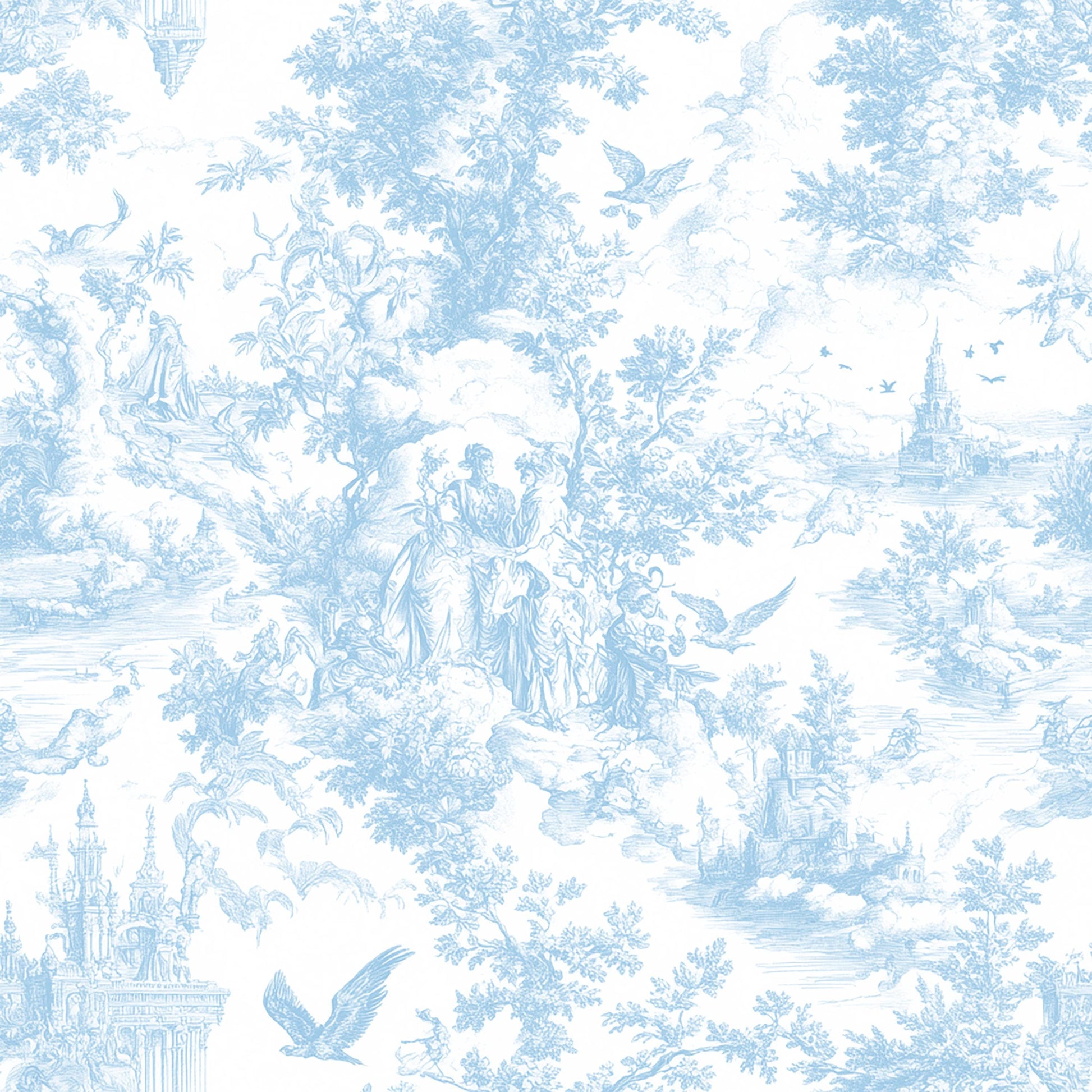 French blue toile fabric of an English country garden in blue line on a white background. for toile Curtain, Napkin. Vintage Classic