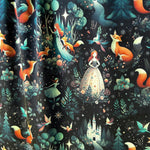 Fairytale Forest Fabric – Whimsical Princess & Fox fabric by the Yard, Enchanted Castle Scene for fashion, home deco, Craft Projects.