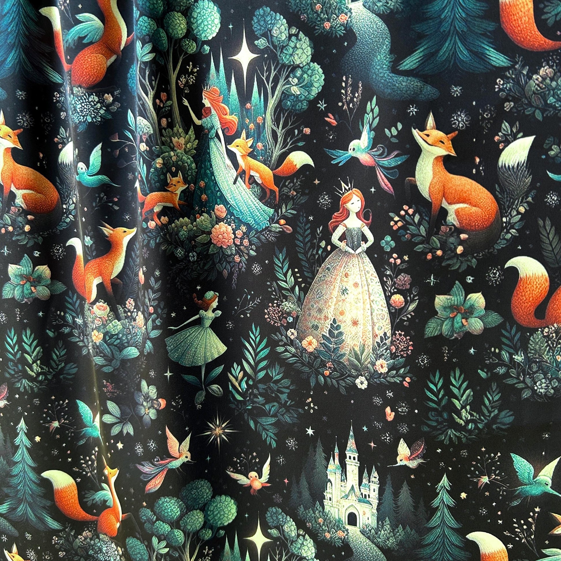 Fairytale Forest Fabric – Whimsical Princess & Fox fabric by the Yard, Enchanted Castle Scene for fashion, home deco, Craft Projects.
