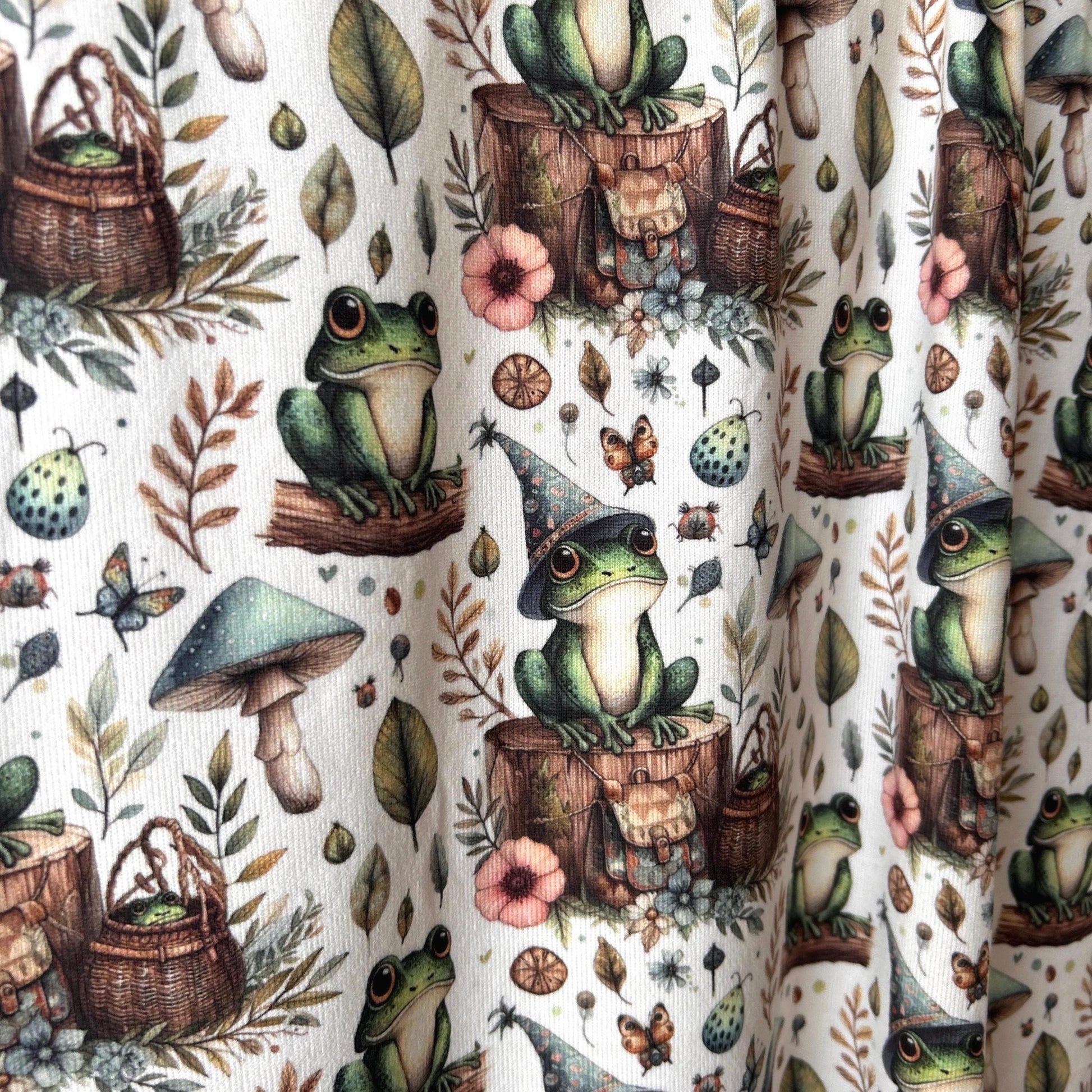Whimsical Frog Woodland Fabric – Cute Forest Creatures fabric by the Yard, Mushroom & Nature Print for kid’s clothes, home deco