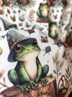 Whimsical Frog Woodland Fabric – Cute Forest Creatures fabric by the Yard, Mushroom & Nature Print for kid’s clothes, home deco
