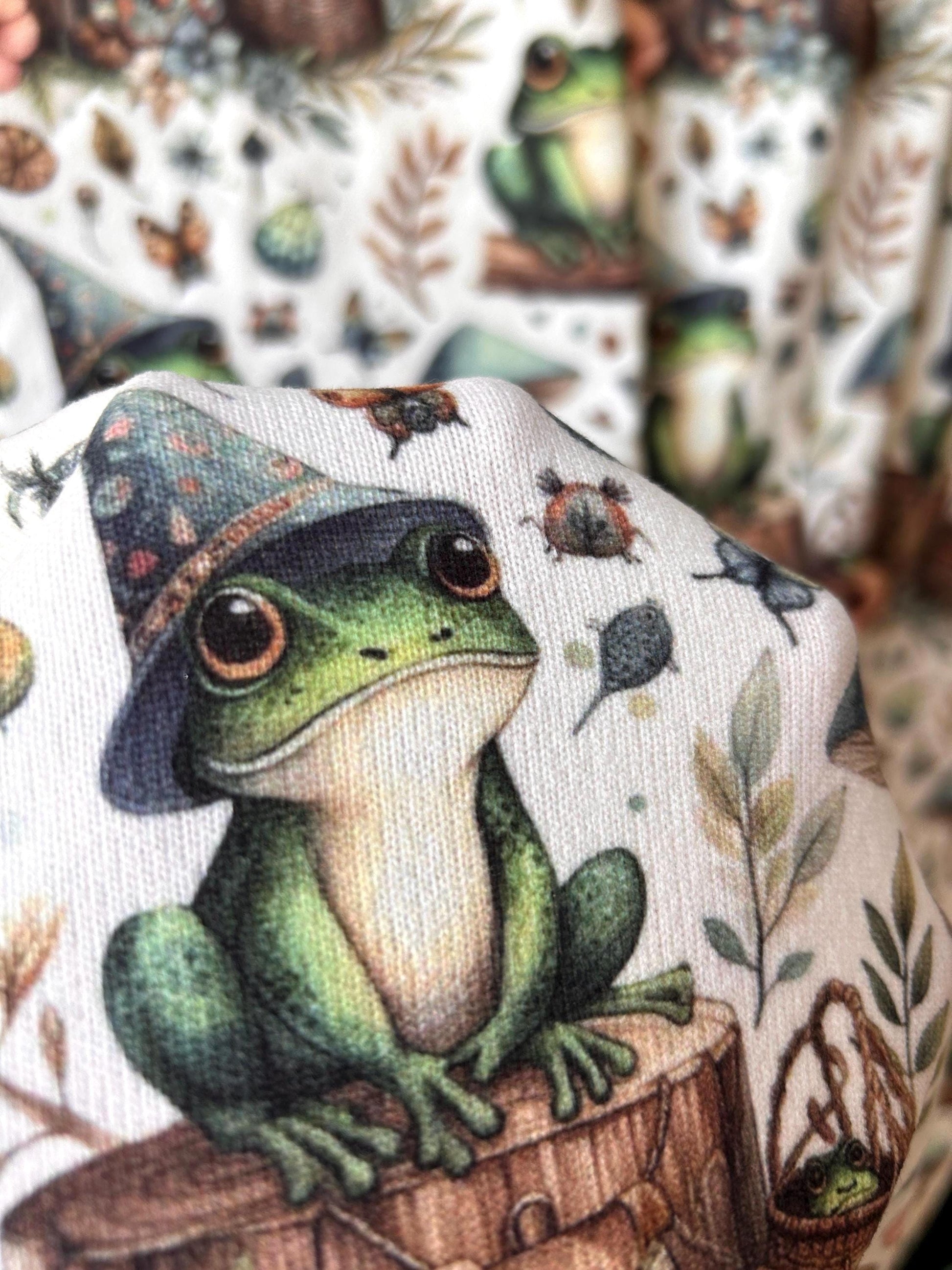 Whimsical Frog Woodland Fabric – Cute Forest Creatures fabric by the Yard, Mushroom & Nature Print for kid’s clothes, home deco
