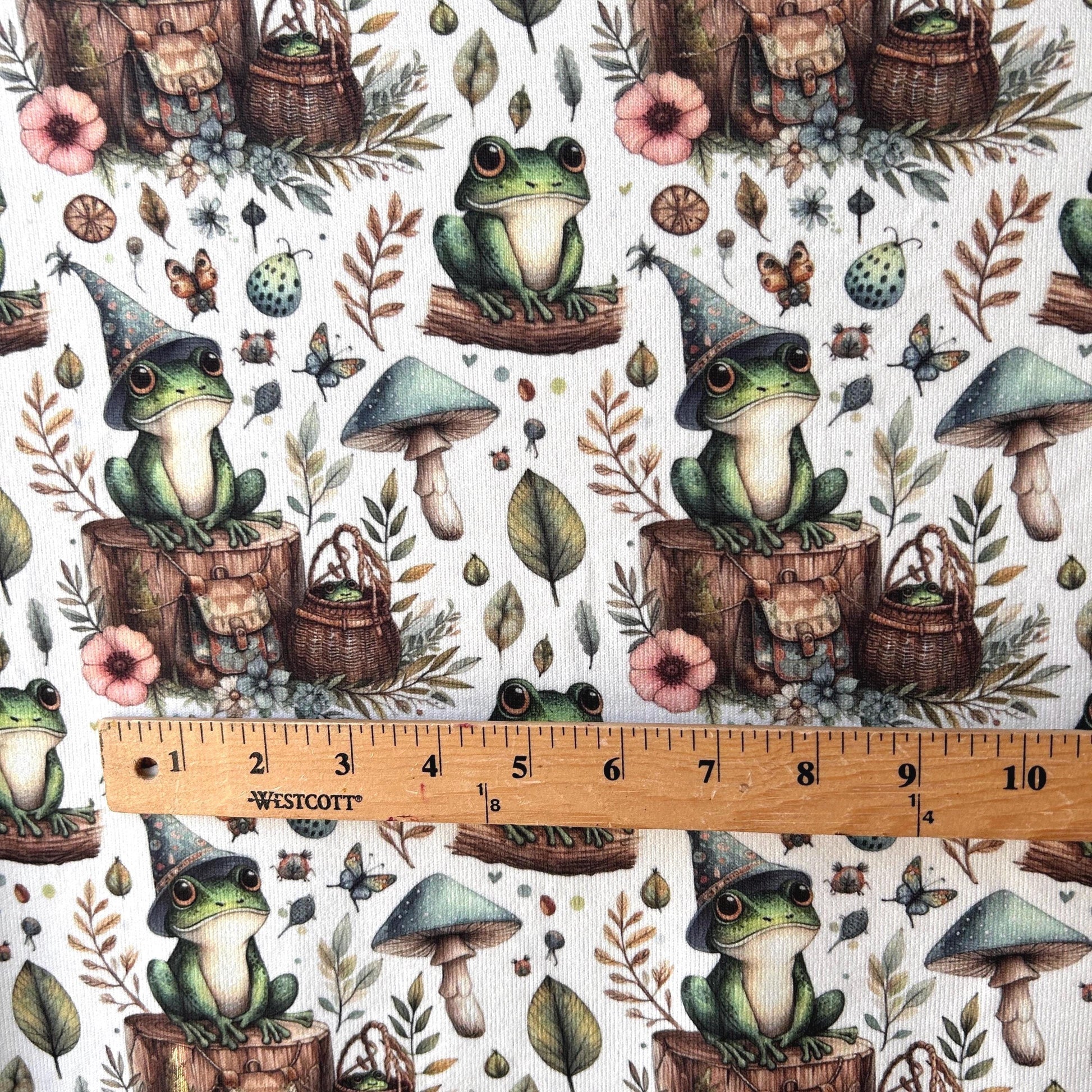 Whimsical Frog Woodland Fabric – Cute Forest Creatures fabric by the Yard, Mushroom & Nature Print for kid’s clothes, home deco