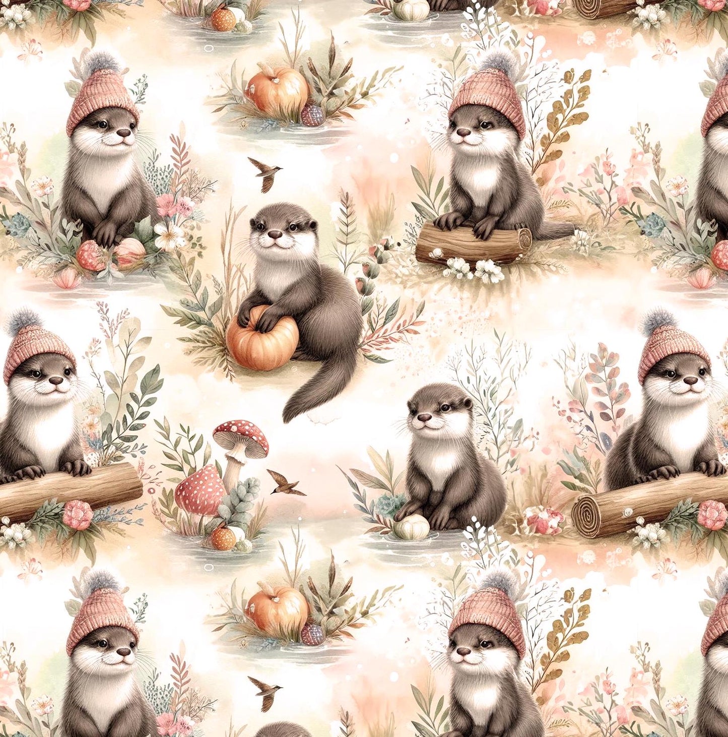 cute watercolor otter Fabric by the Yard