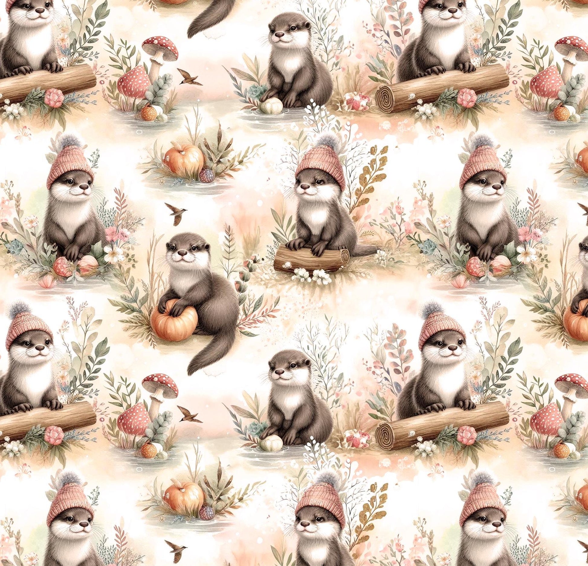 Otter Fabric by the Yard. Cute animal fabric. Wood land. fall fabric
