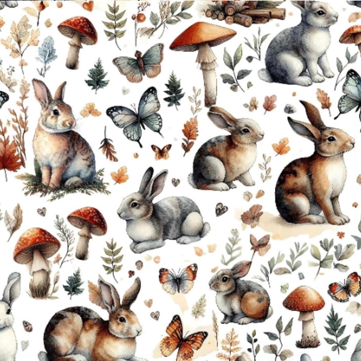 Medieval Rabbit Fabric - Year Of The Rabbit  - Woodland Bunny  Botanical Fabric     - Fabric by the Yard