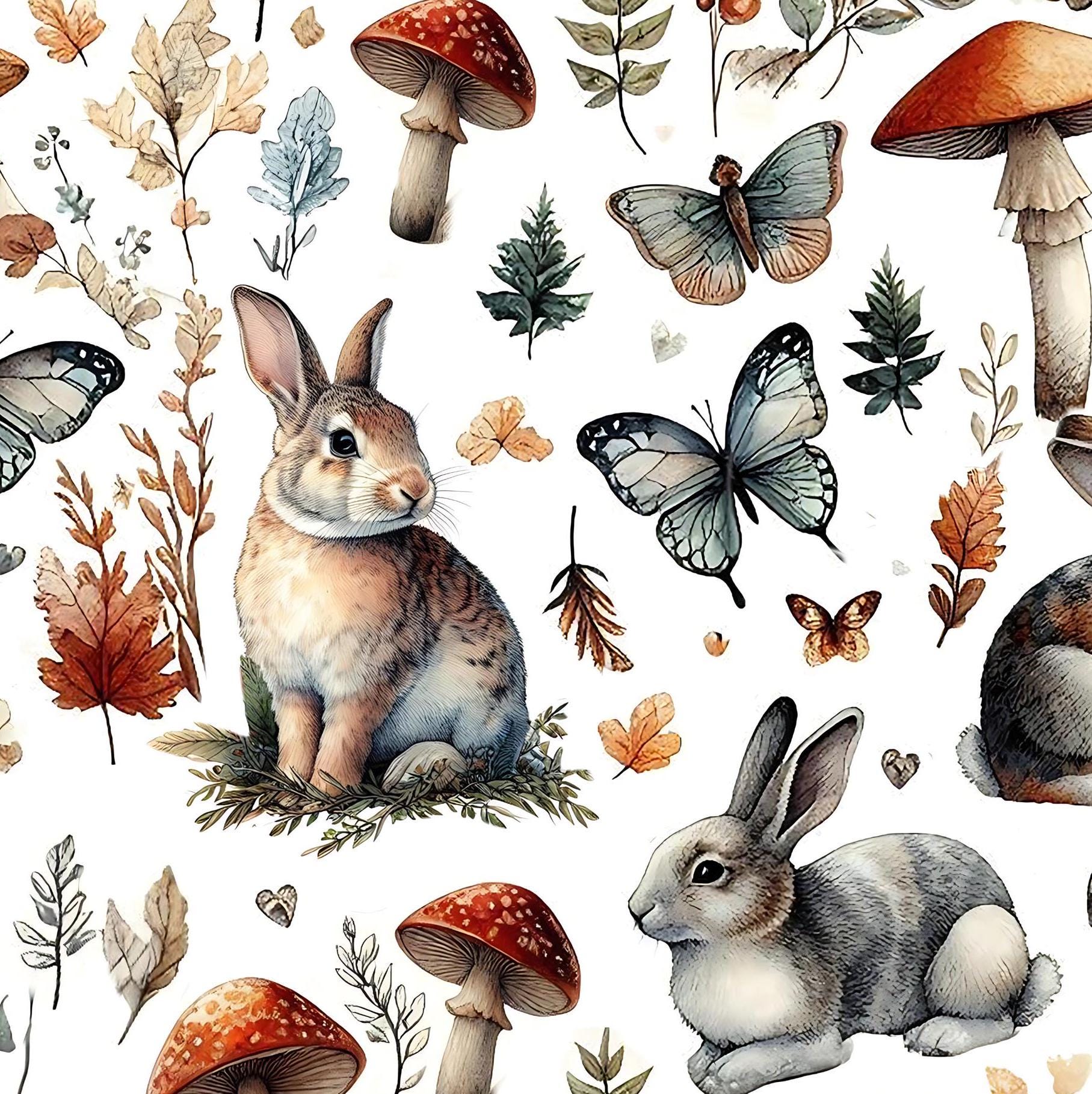 Medieval Woodland Bunny Fabric – Year of the Rabbit fabric by the Yard, Botanical Rabbit Print for Crafts & Home Decor