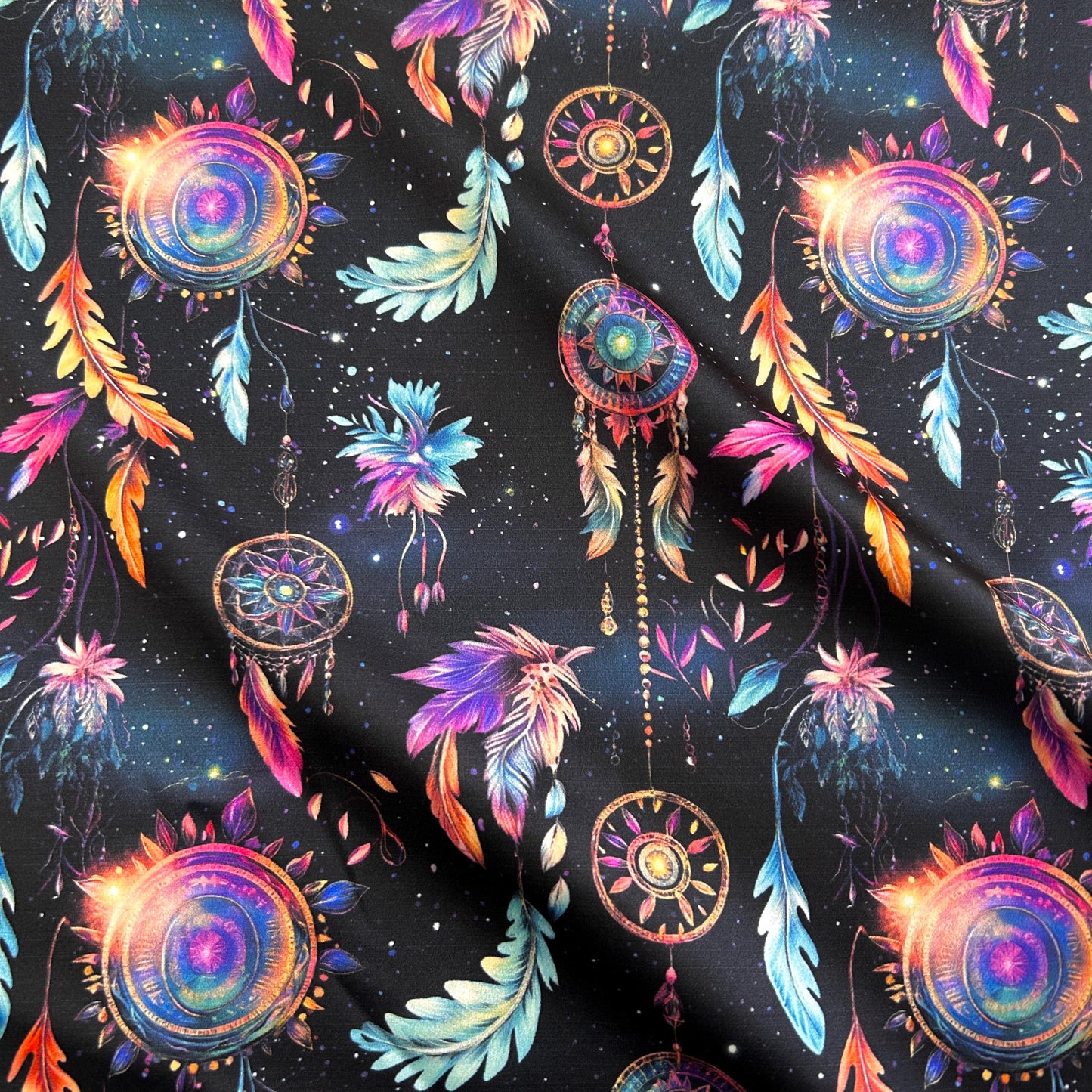 Dark night, Dreamcatchers  Fabric. milky glitter dark night sky. Galaxy magic suns and stars seamless pattern. Home deco, craft.