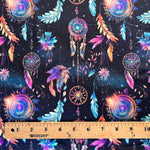 Dark night, Dreamcatchers  Fabric. milky glitter dark night sky. Galaxy magic suns and stars seamless pattern. Home deco, craft.