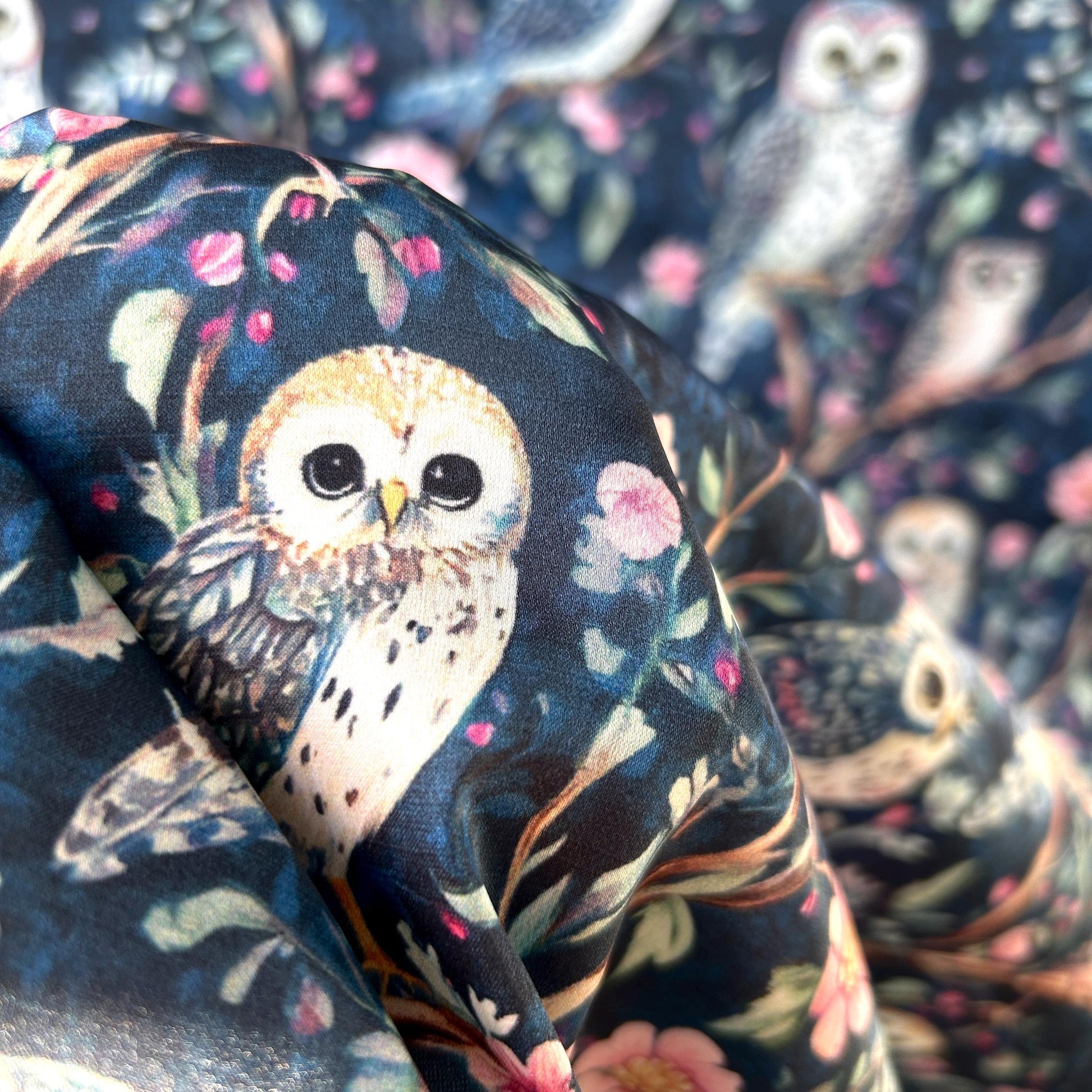 Moon garden. Night owl. Whimsical Owl Floral Fabric – satin by the Yard, Navy Woodland Print for fashion, Crafts & Cozy Home Decor