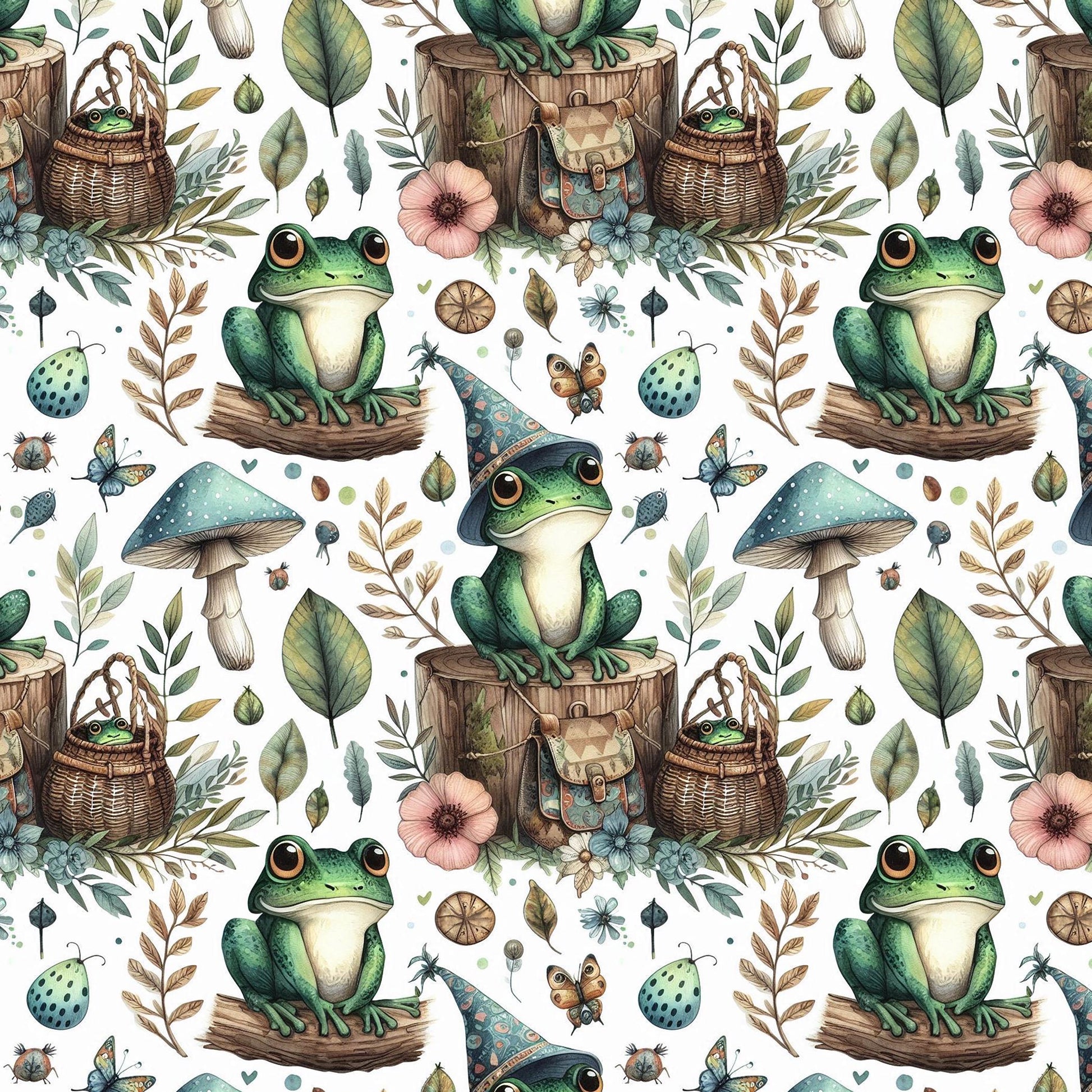 Whimsical Frog Woodland Fabric – Cute Forest Creatures fabric by the Yard, Mushroom & Nature Print for kid’s clothes, home deco