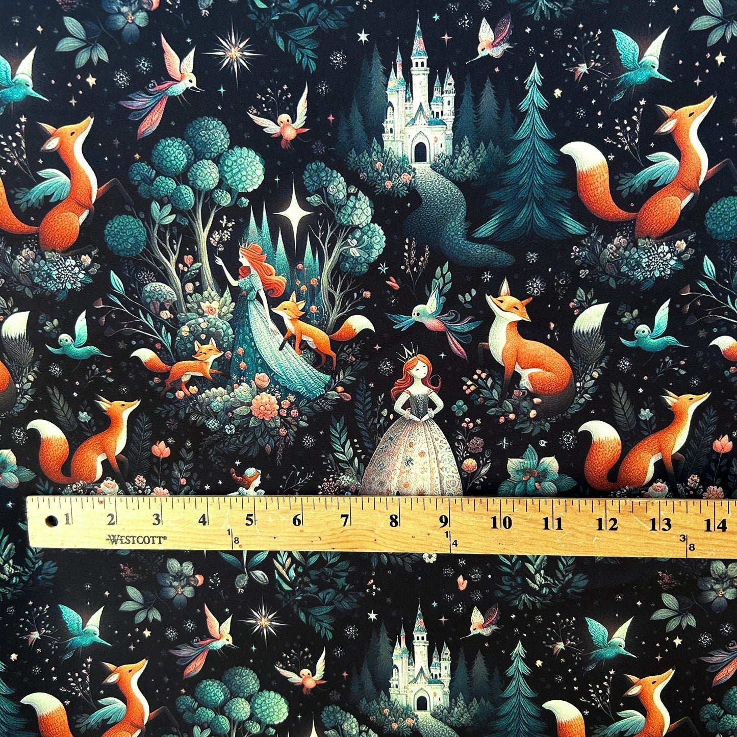 Fairytale Forest Fabric – Whimsical Princess & Fox fabric by the Yard, Enchanted Castle Scene for fashion, home deco, Craft Projects.