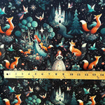 Fairytale Forest Fabric – Whimsical Princess & Fox fabric by the Yard, Enchanted Castle Scene for fashion, home deco, Craft Projects.