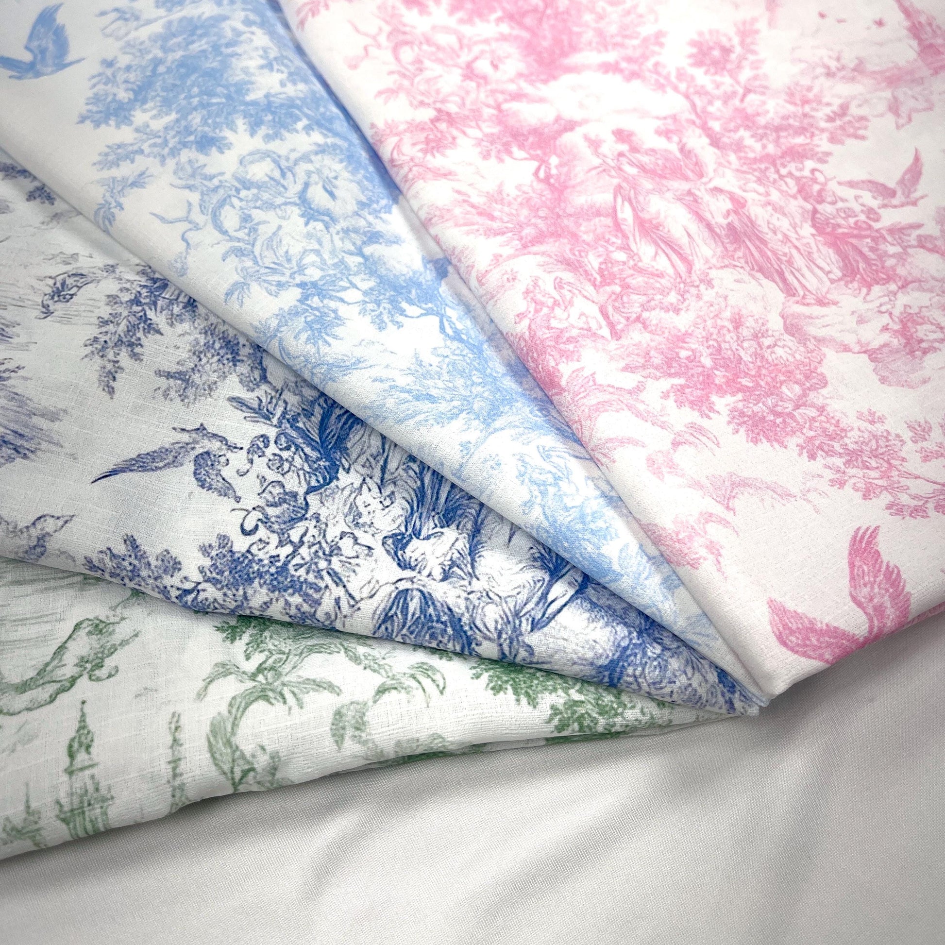 French blue toile fabric of an English country garden in blue line on a white background. for toile Curtain, Napkin. Vintage Classic