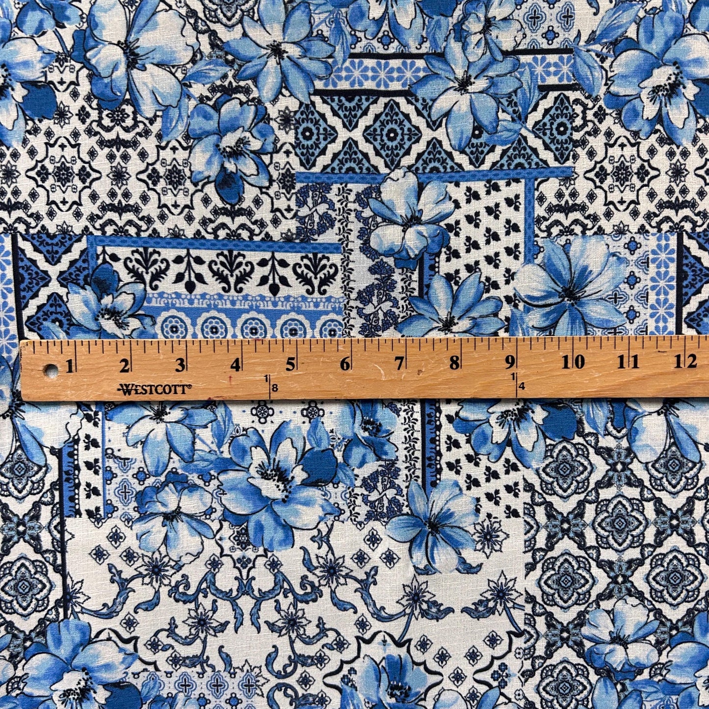 blue Majolica fabric, Sicilian tile print, Italian apparel sewing fabric sundress, suit, pattern fabric. textile