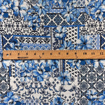 blue Majolica fabric, Sicilian tile print, Italian apparel sewing fabric sundress, suit, pattern fabric. textile