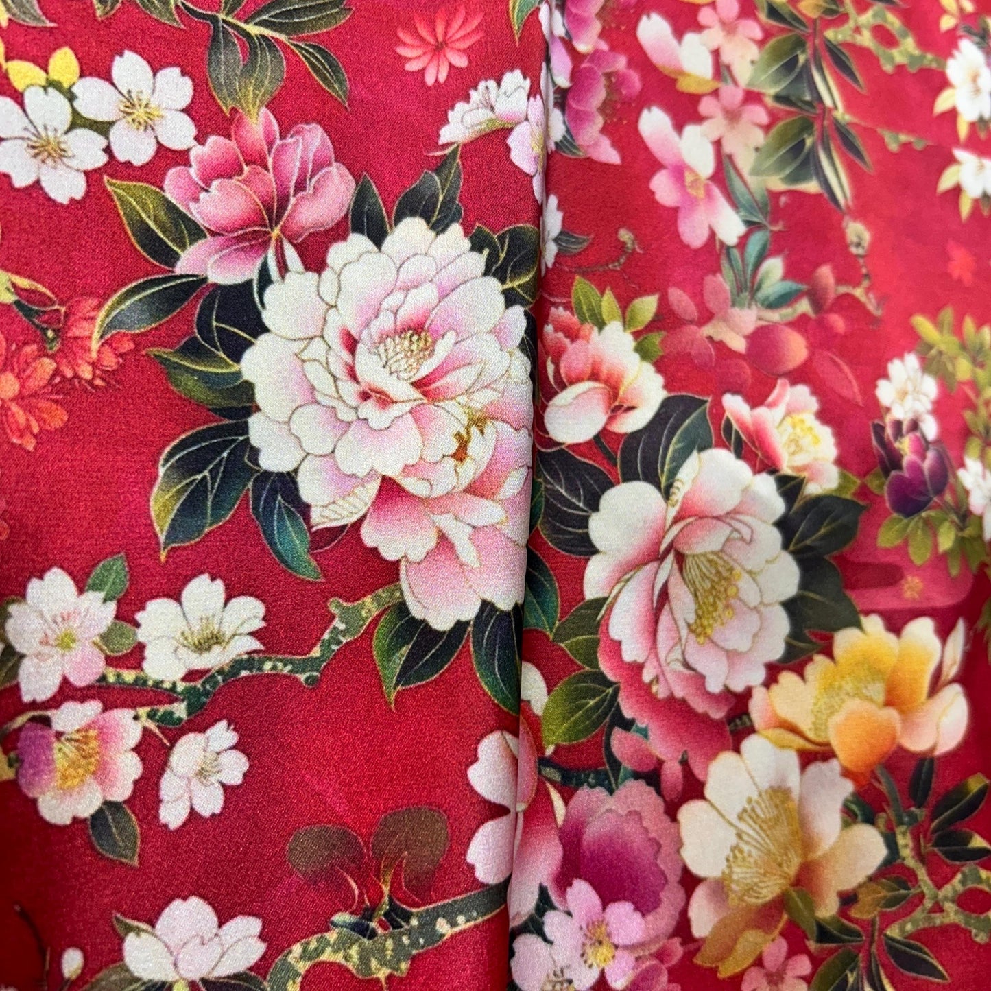 Japanese satin fabric. Red Peony & Cherry Blossom Fabric – Elegant Asian Floral fabric by the Yard, Floral Print for clothing and craft.