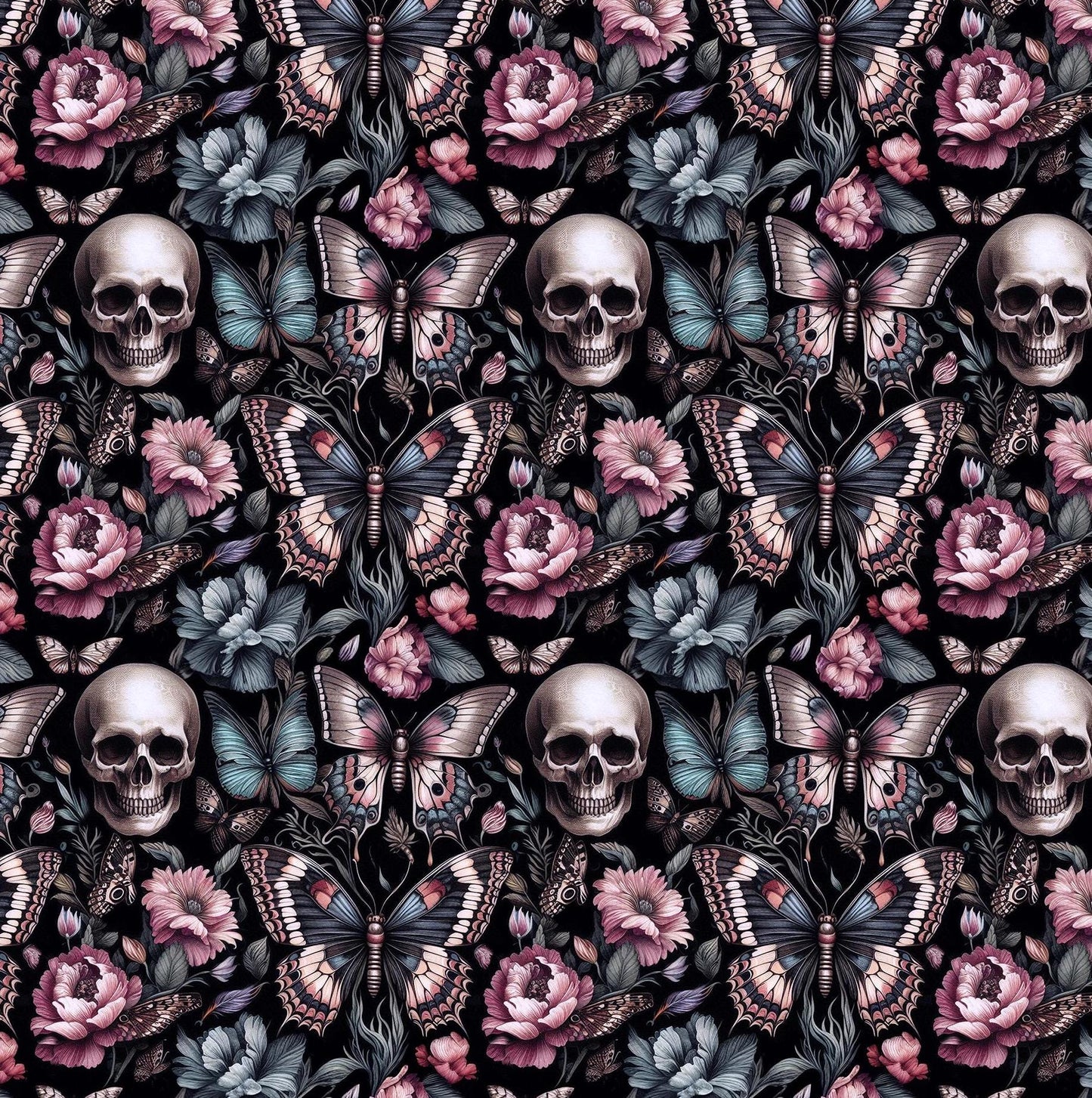 Floral Gothic and Skull Fabric. Dark garden. Crafting & Home Decor, Elegant Insect, Flower Pattern by the Yard