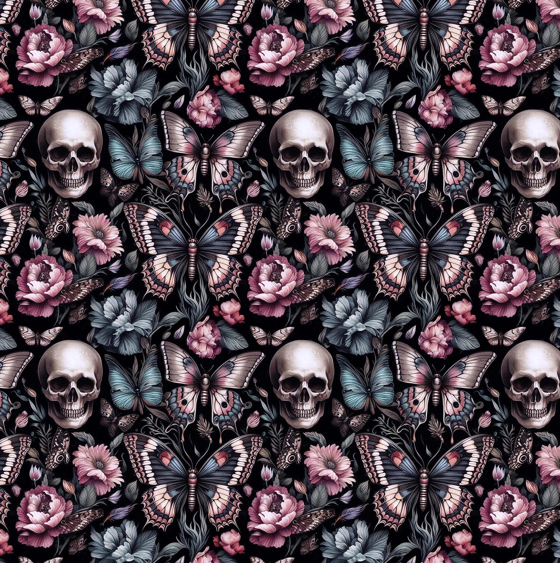 Floral Gothic and Skull Fabric. Dark garden. Crafting & Home Decor, Elegant Insect, Flower Pattern by the Yard