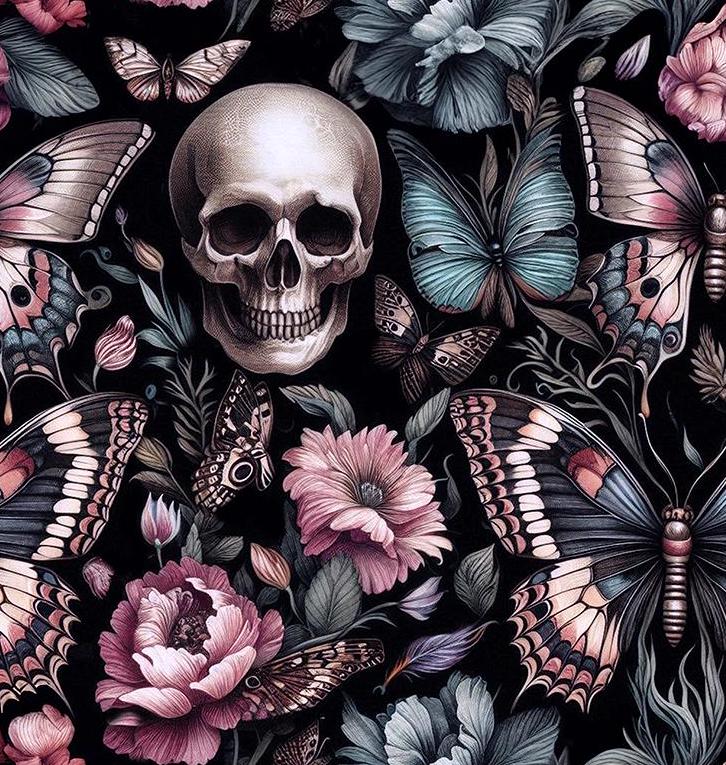 Floral Gothic and Skull Fabric. Dark garden. Crafting & Home Decor, Elegant Insect, Flower Pattern by the Yard