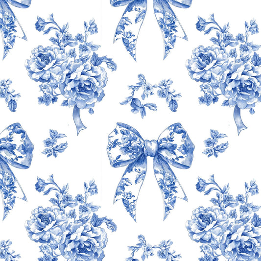 French blue toile fabric of Ribon deco. 60” with fabric by the yard. for toile craft. Vintage Classic.