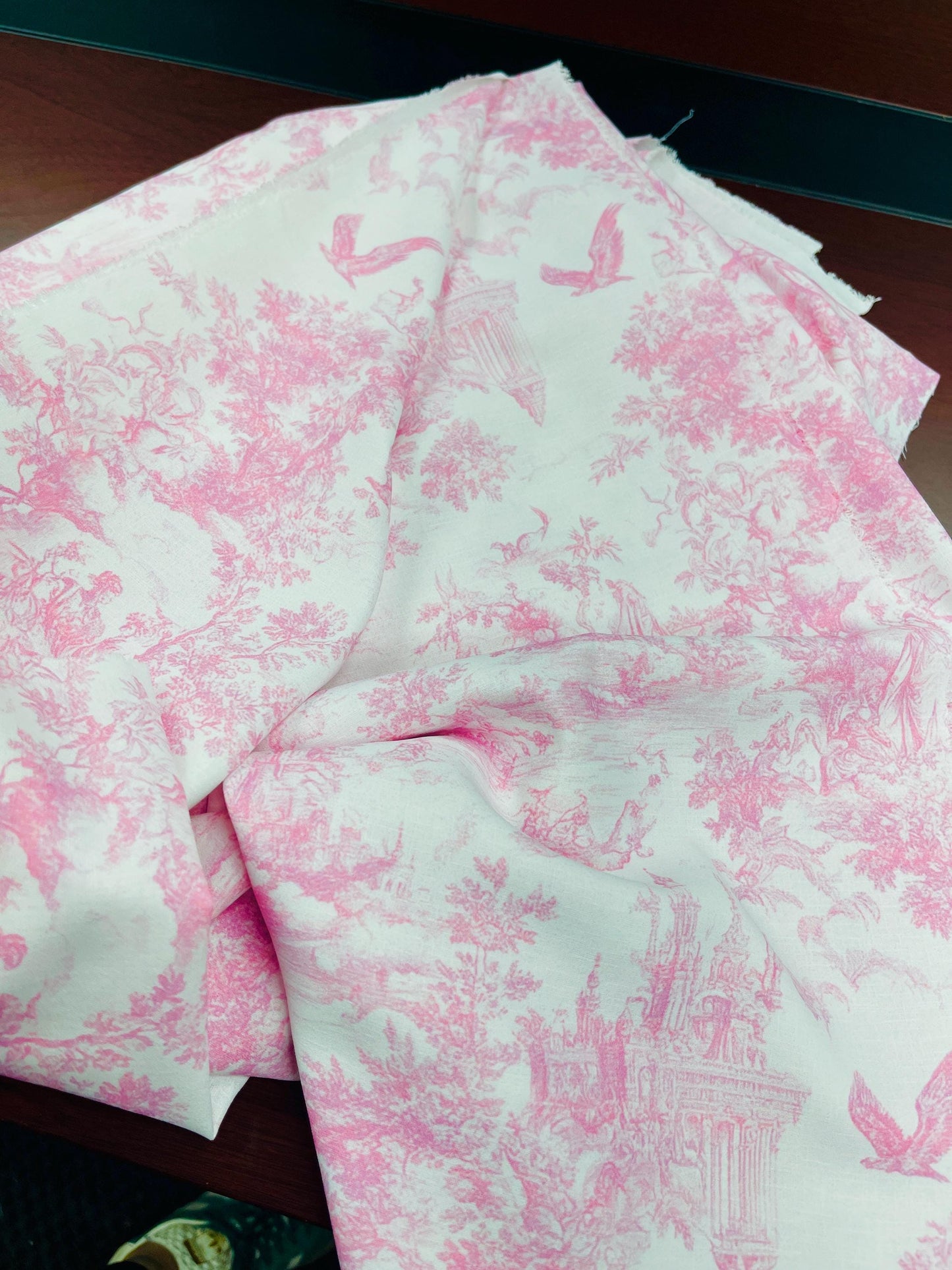 pink toile fabric. Vintage Classic fabric of an English country garden on a white background.