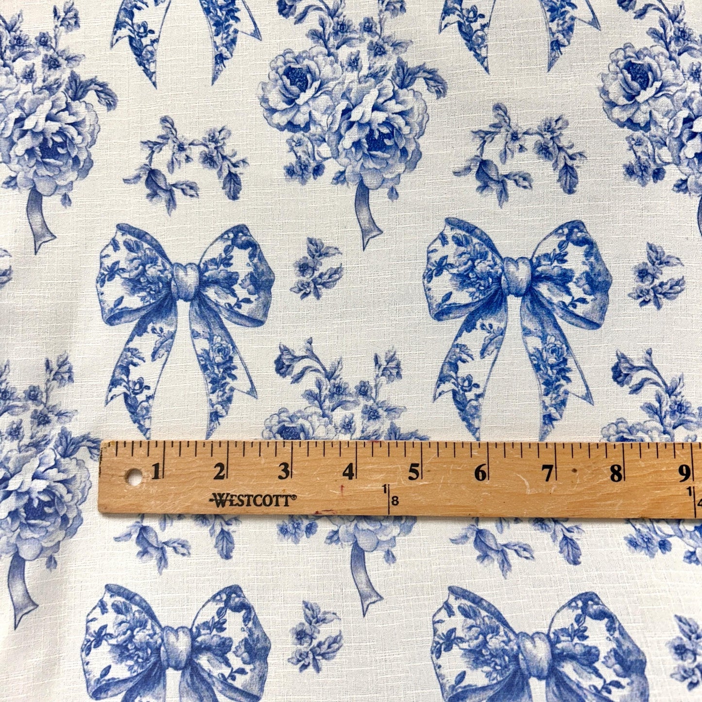 French blue toile fabric of Ribon deco. 60” with fabric by the yard. for toile craft. Vintage Classic.
