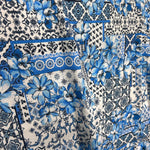 blue Majolica fabric, Sicilian tile print, Italian apparel sewing fabric sundress, suit, pattern fabric. textile