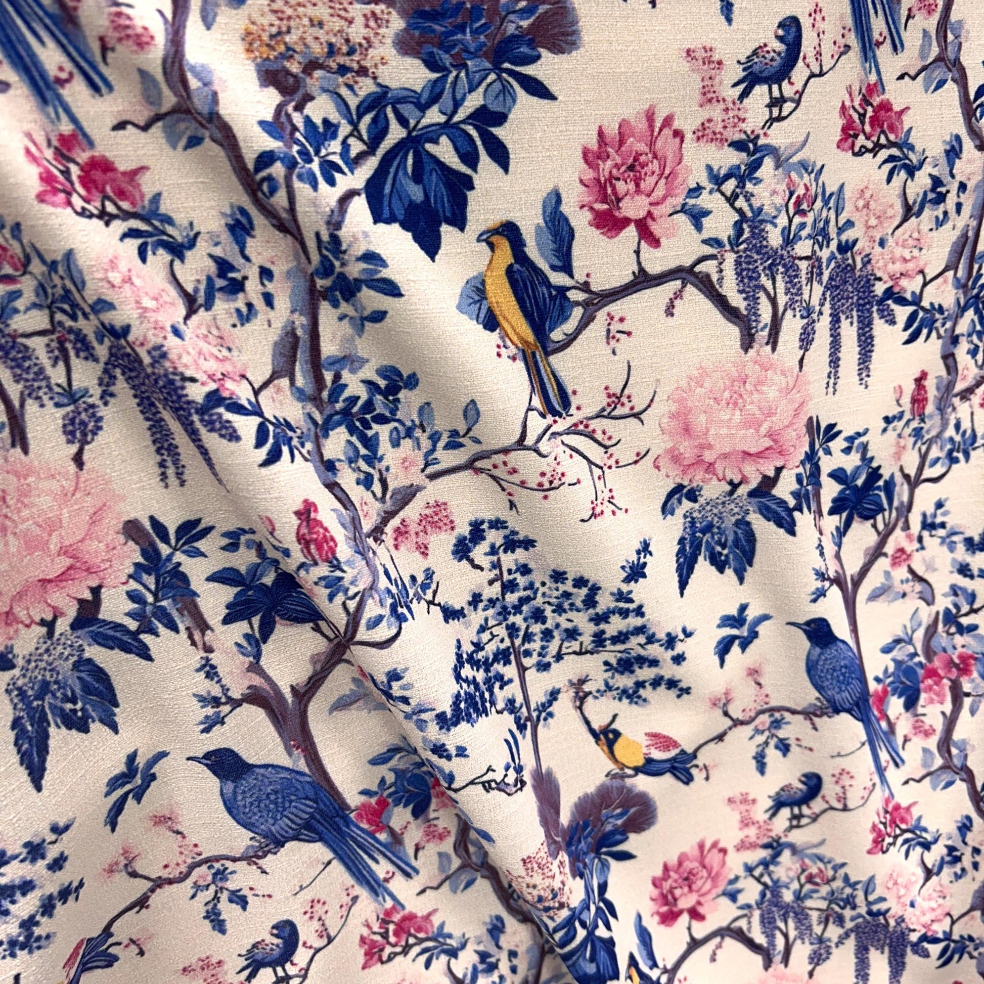 Chinoiserie fabric, enchanted forest. Wisteria Bird Fabric – Colorful Botanical fabric by the Yard, Floral Garden for home deco, craft
